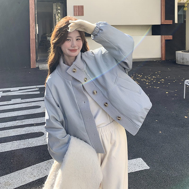 设计感针织拼接蛋白皮立领羽绒服女2024冬新款加厚保暖白鸭绒外套图片