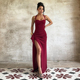 法式 性感辣妹风开叉露背长裙子 高级感酒红色挂脖礼服裙女2026新款