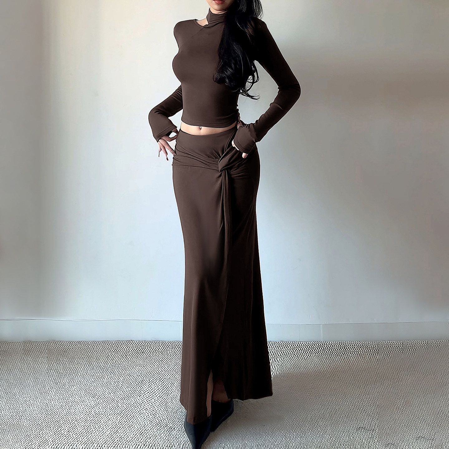 秋冬辣妹扭结长袖上衣半裙套装