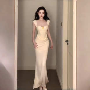 instunning高级感一字肩蕾丝拼接礼服裙女气质宴会收腰性感长裙子
