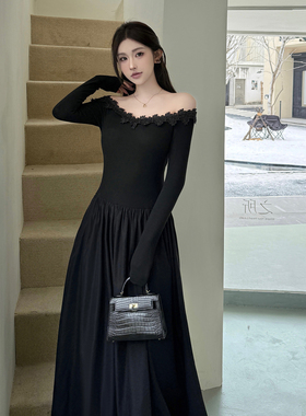 instunning赫本风黑色蕾丝一字肩连衣裙女秋冬新款设计感收腰长裙