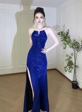 instunning高级感复古蓝色挂脖连衣裙女性感辣妹开叉显瘦包臀裙子