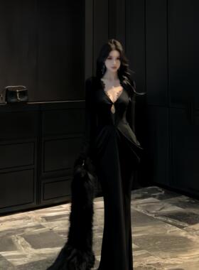 instunning 欧美风性感V领长袖连衣裙女高级感名媛气质晚宴礼服裙