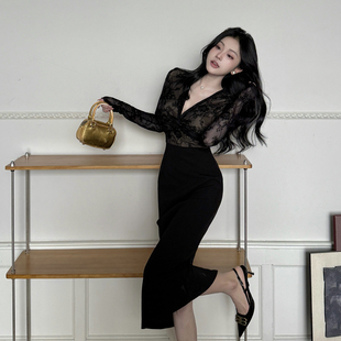 高级感气质收腰长裙 连衣裙女2025新款 instunning法式 蕾丝拼接长袖