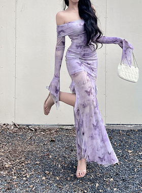 新中式复古一字肩紫色印花裙子御姐高级感礼服裙女开叉气质鱼尾裙