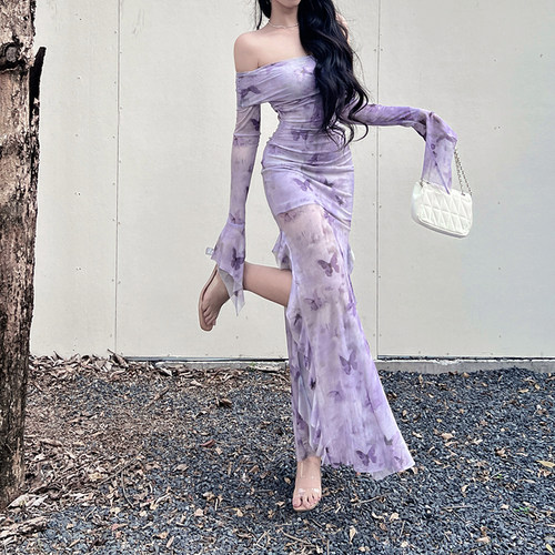 新中式复古一字肩紫色印花裙子