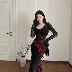 instunning黑色修身显瘦针织拼接植绒流苏吊带连衣裙女万圣节服装