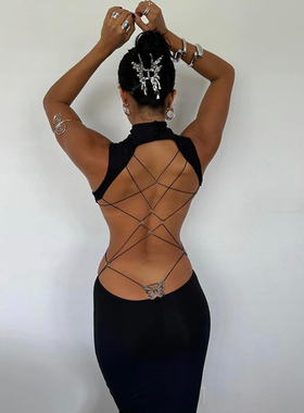 instunning 欧美金属蝴蝶镂空露背连衣裙女辣妹风显瘦开叉长裙子