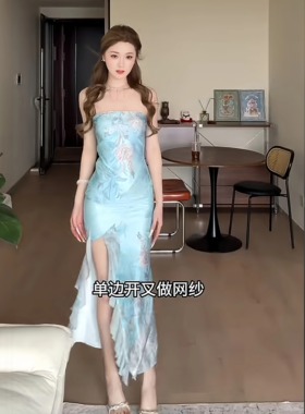instunning新中式设计感扎染抹胸连衣裙女性感开叉复古国风长裙子
