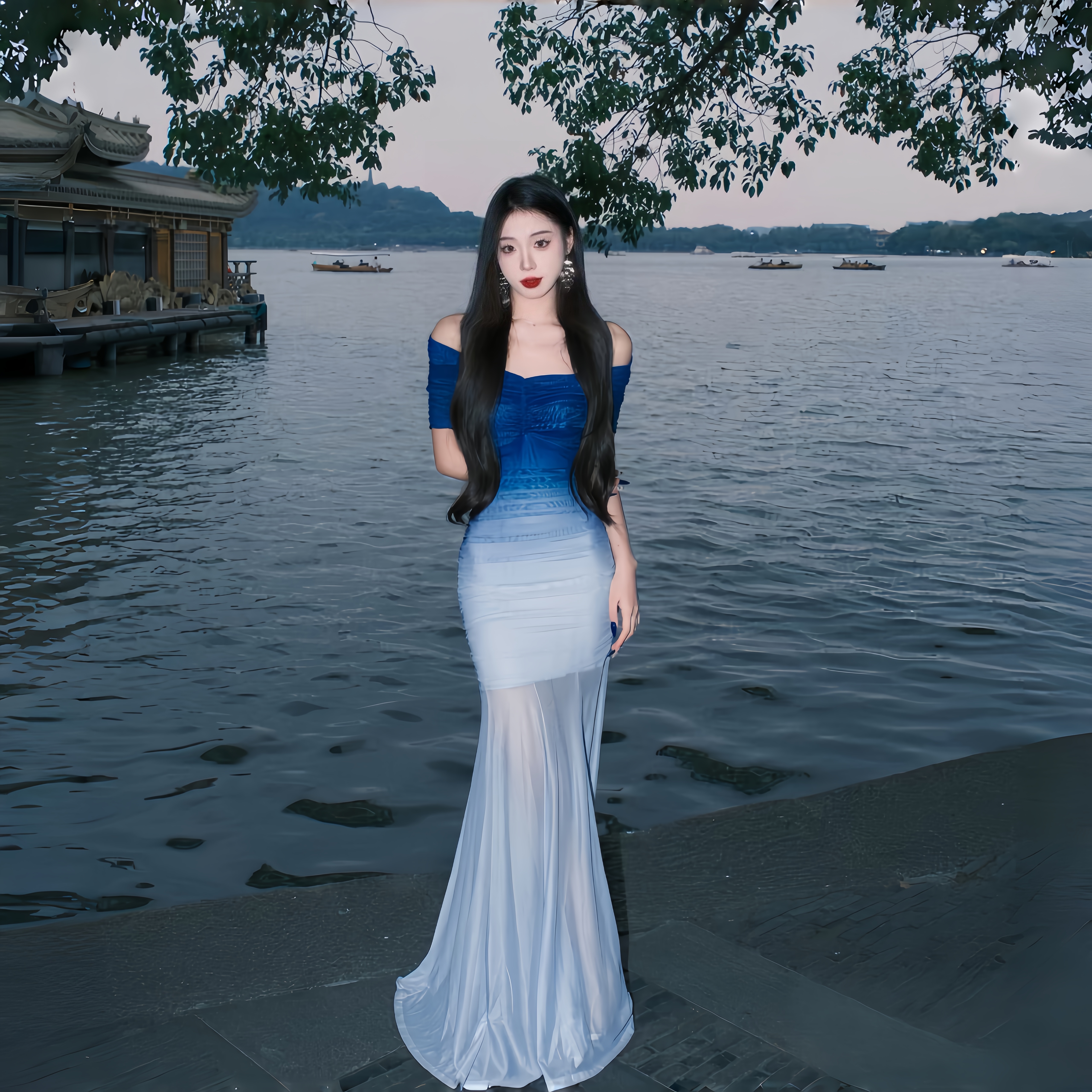 高级感蓝色渐变网纱一字肩鱼尾裙