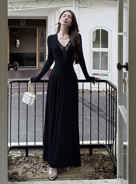 instunning黑色蕾丝拼接v领长袖连衣裙女2025新款御姐性感包臀裙