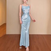 2026初夏穿搭高级感吊带连衣裙女御姐风收腰系带性感亮片鱼尾裙子