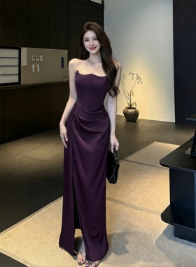 轻奢风性感抹胸开叉礼服女气质名媛修身显瘦长裙生日节日宴会晚装