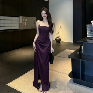 轻奢风性感抹胸开叉礼服女气质名媛修身显瘦长裙生日节日宴会晚装