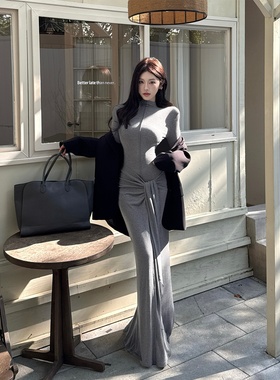 姐系穿搭法式灰色高领长袖连衣裙轻奢高级感绑带设计修身包臀长裙
