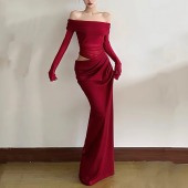 伴娘裙子敬酒服宴会一字肩红色连衣裙女高级感气质长袖 红色礼服裙