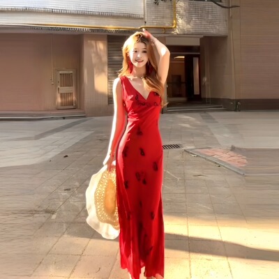 云南度假穿搭复古性感v领长裙女