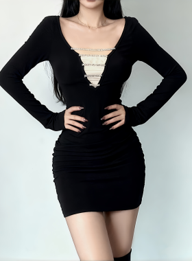 INSTUNNING 黑色一字烫钻长袖包臀连衣裙女秋冬季镂空内搭打底裙