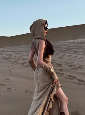 沙丘废土风穿搭复古连帽连衣裙沙漠裙子异域风情大西北旅游套装裙