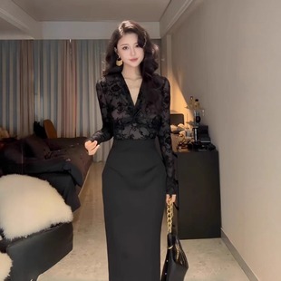 包臀裙 气质修身 instunning御姐蕾丝扭结V领长袖 连衣裙女2025新款