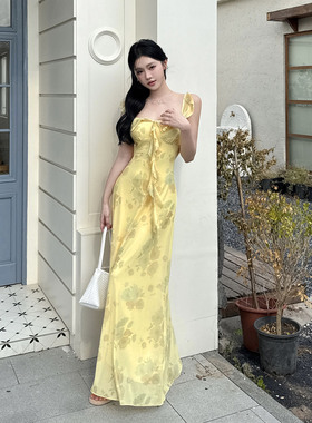 instunning法式荷叶边黄色印花连衣裙女夏季气质风海边度假长裙子