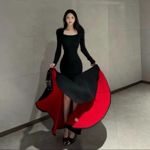 黑色方领长袖收腰晚礼服裙女高级感鱼尾型高腰连衣裙秋冬内搭长裙