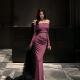 纯欲风紫色韵味长袖 镂空拼接设计包臀鱼尾裙 一字肩礼服裙女秋冬款