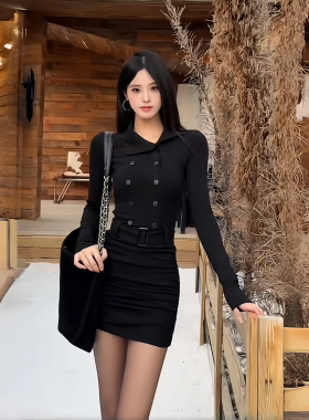 INSTUNNING秋冬高领灰色包臀连衣裙女高级内搭打底裙收腰显瘦短裙