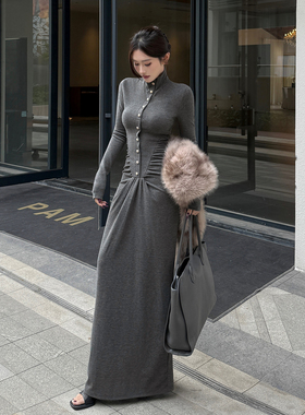 INSTUNNING高级灰色高领缩褶连衣裙女秋冬收腰紧身包臀裙气质长裙