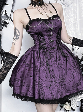 万圣节服装哥特风紫色吊带连衣裙女秋季新款收腰显瘦辣妹礼服裙子