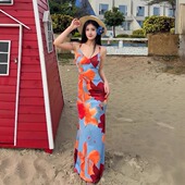 热带海岛度假风沙滩裙女性感露背印花吊带连衣裙女2025新款 长裙子