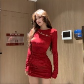 INSTUNNING 纯欲两穿蝴蝶装 饰扣红色细闪连衣裙女性感辣妹包臀裙