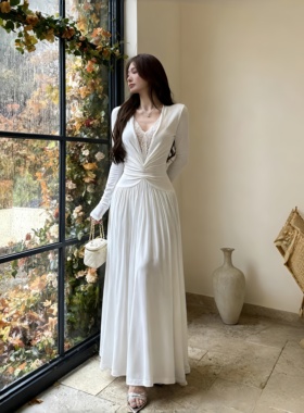 instunning纯欲风蕾丝白色v领礼服裙女名媛高级感收腰设计感长裙