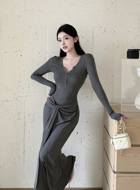 性感辣妹v领灰色长袖连衣裙女秋季新款显瘦包臀裙绑带设计长裙子