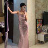 轻奢高级感细闪亮粉气质吊带礼服裙女2025春季 年会节日长裙子 新款