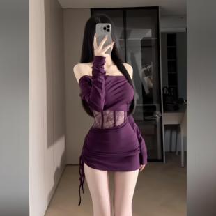 instunning御姐风镂空蕾丝拼接一字肩连衣裙女辣妹收腰显瘦包臀裙