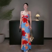 长裙 性感修身 instunning海岛度假风露背绑带印花吊带裙女夏季 新款