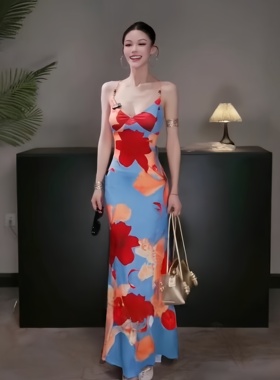 instunning海岛度假风露背绑带印花吊带裙女夏季新款性感修身长裙