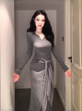 INSTUNNING轻熟简约风灰色长袖连衣裙女秋冬收腰绑带修身显瘦长裙