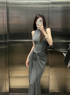 高级感灰色无袖连衣裙女夏季纯欲轻奢绑带气质长裙慵懒风包臀裙子