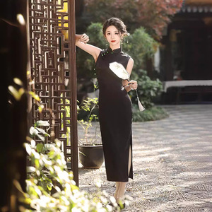 二小姐旗袍｜黑色长款改良旗袍新款年轻款女国风复古