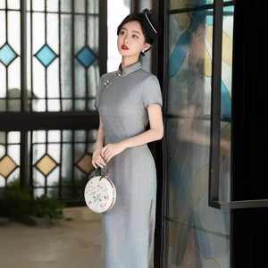 二小姐新中式真丝旗袍夏女2024新款改良国风交织桑蚕丝旗袍