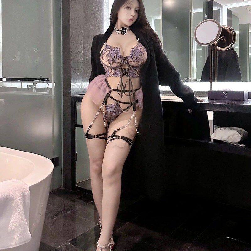 紫色镂空透视绑带文胸内裤吊带链条心机内搭辣妹睡衣