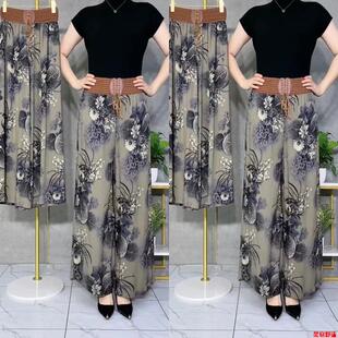 女士夏季阔腿裤薄款透气甩裤松紧腰花裤子高腰妈妈大脚裤垂感女裤