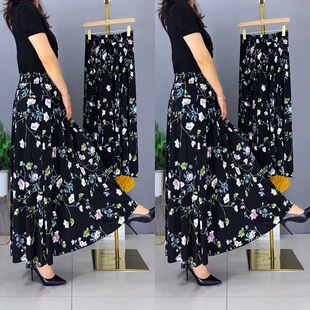 冰丝垂感抗皱免烫半身裙高腰碎花中长裙85CM百褶裙气质大摆裙夏季