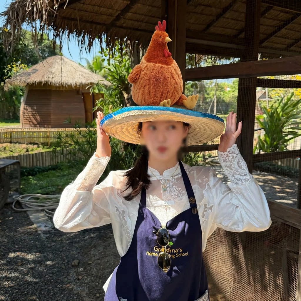 泰国胡闹厨房同款帽子仿真鸡娃娃拍照道具遮阳草帽度假风农场拍照