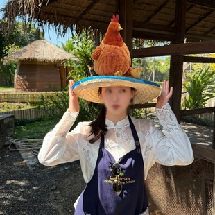泰国胡闹厨房同款帽子仿真鸡娃娃拍照道具遮阳草帽度假风农场拍照