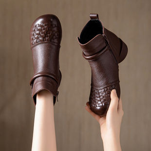 头层牛皮秋冬2025新款复古女士短靴二棉鞋舒适加绒真皮软底妈妈鞋