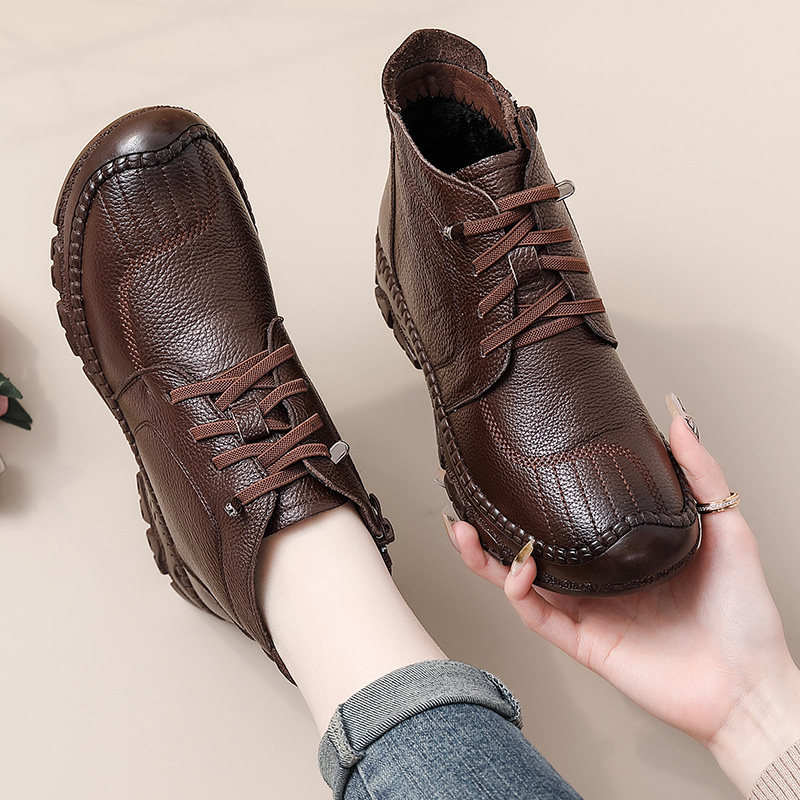 冬季保暖加绒平底女鞋妈妈鞋防滑棉鞋真皮软皮软底短靴子中年女士,女鞋,马丁靴,淘宝优惠券,粉丝福利购,淘宝优惠卷