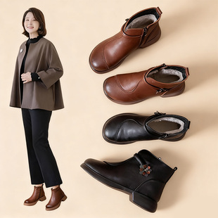 真皮软底短靴妈妈棉鞋洋气加绒中老年皮鞋宽脚女鞋不累脚2025冬季